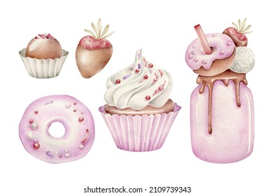 Watercolor sweets collection:cupcake,strawberry in chocolate, candy, donut.Decorated desserts