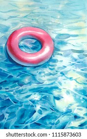 Watercolor Swimming Pool Illustration With Floating Ring And Sparkle Water. Hand Painted Summer Artwork. Vacation Card Design With Pool Float