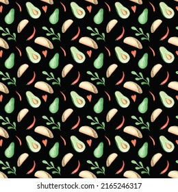 Watercolor Taco And Avocado Seamless Pattern On A Black Background. Hand-drawn Mexican Food Endless Print. Fiesta Wallpaper. Tacos, Avocado, Chili Pepper, Heart, Leaves.