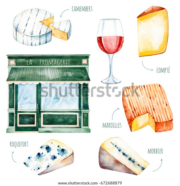 フレンチチーズの違う水彩美味しいコレクション ロケフォート コンテ カンベルト モルビエ マロイユ ワイングラスなど 水彩フレンチ チーズセット メニュー 受け入れ 招待 レストランメニューに最適 のイラスト素材