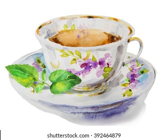 Watercolor Tea Cup With Mint Leaves