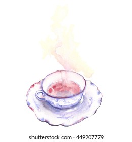 Watercolor Tea Cup With Rose Ornament.