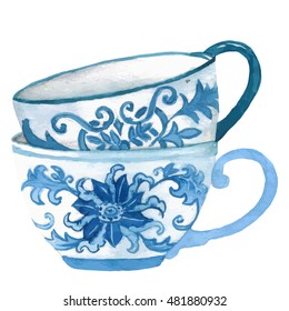 Watercolor Teacup, Isolated In White, Clipart.  Hand Painted. 