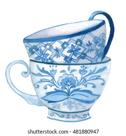 Watercolor Teacup, Isolated In White, Clipart.  Hand Painted.