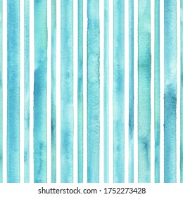 Watercolor Teal Blue Stripes On White Background. Turquoise And White Striped Seamless Pattern. Watercolour Hand Drawn Stripe Texture. Print For Cloth Design, Textile Fabric, Wallpaper, Wrapping, Tile