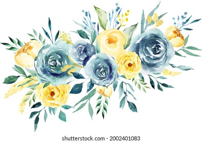 Watercolor teal and yellow bouquets boho style, Turquoise and yellow flowers for wedding invitation, printing, t-shirts, apparel, nursery