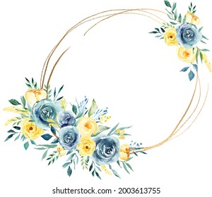 Watercolor Teal And Yellow Floral Frames Boho Style, Turquoise And Yellow Golden Borders For Wedding Invitation, Printing, T-shirts, Apparel, Nursery