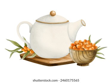 Watercolor teapot on wooden board with sea buckthorn berries in bowl watercolor isolated illustration for organic cafe menu, herbal tea packages and elegant rustic designs - Powered by Shutterstock