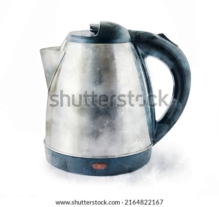 Watercolor teapot of stainless steel. Cooking tool to boil hot water. Realistic painting with kitchen item isolated on white background.