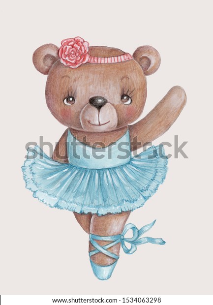 Watercolor Teddy Bear Girl Blue Ballet Stock Illustration 1534063298 Watercolor People Dancing