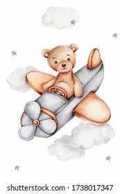 Watercolor teddy bear in grey airplane; hand draw illustration; can be used for kid poster or card; with white isolated background