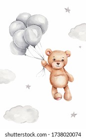 Watercolor teddy bear and grey balloons; hand draw illustration; can be used for kid poster or card; with white isolated background
