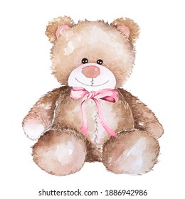 Watercolor teddy bear hand drawn illustration.Lovely Teddy Bear brown toy for valentines day gifts.Cartoon bear isolated on white background.