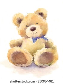 Watercolor Teddy Bear Hand Painted Illustration on white background