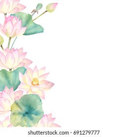 Watercolor template with flower lotus and leaves. Hand drawn illustration