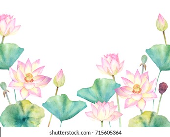 Watercolor template with flower lotus and leaves. Hand drawn illustration