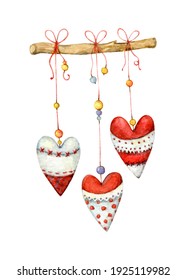Watercolor Textile Hearts Garland. Cute Valentine Illustration Isolated On The White Background. Lovely Fabric Hearts On Twig. Valentines Day. Hearts Mobile.