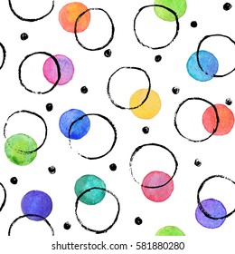 Watercolor texture. Aquarelle spots with ink circles hand drawn with dry brush. Seamless pattern. Watercolor pattern with colorful dots and black circles isolated on white background.