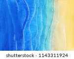 watercolor texture with blue sea and sand beach. view from above. illustration for cards, posters or other design