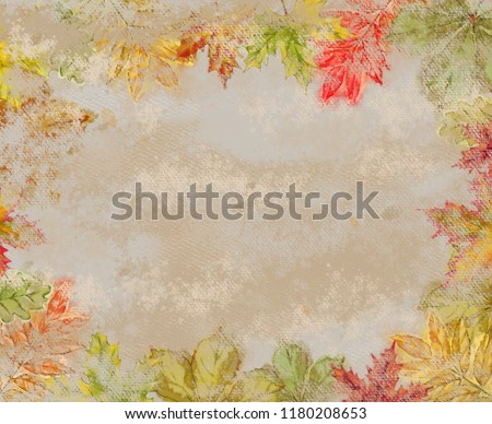 Watercolor Texture Empty Surface Decorated with Autumn Leaves. Vintage Style Template with Autumn Botanical Illustration for Print, Announcement, Card, Advertisement, & Various Printable Decoration.