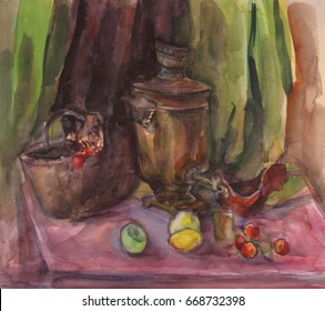Watercolor texture painting  still life painting large Russian teapot   cup tea  Watercolor still life in Russian style  Still life hand drawn food illustration and samovar  lemons   apples 