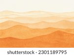 Watercolor, texture, yellow-orange illustration of a panoramic view of the desert, hills, dunes. Drawn by hand. Landscape for design and decoration with place for text.