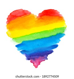 Watercolor Textured Rainbow Heart On White Isolated Background.