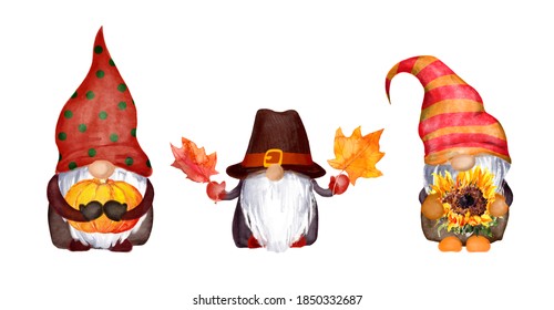 Watercolor Thanksgiving gnomes family with pumpkin, autumn leaves, sunflower. Set of nordic magic dwarfs