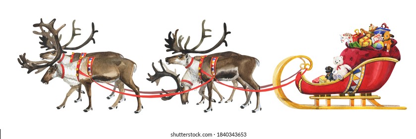 Watercolor Three Reindeer Sledding Santa Claus And Gifts