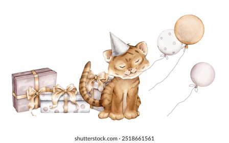 Watercolor tiger in cap and balloons and set gifts with bow on isolated background. Hand drawn illustration for greeting cards stack of gift boxes for birthday pastel colors. African animal isolated - Powered by Shutterstock