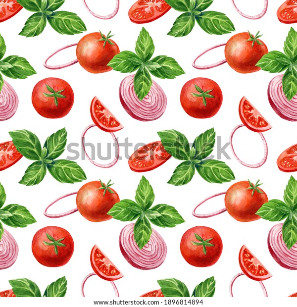 Watercolor Tomato Basil Onion Seamless Pattern. Fresh\
vegetables hand painted pattern. Great for textiles, cooking books\
or cards. 