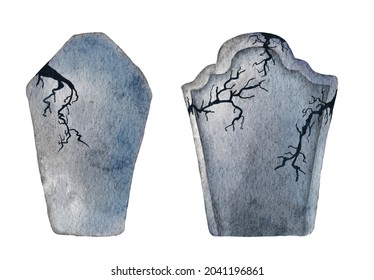Watercolor Tombstone With Cracks. Hand Drawn Halloween Illustration