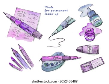 Watercolor tools set for permanent Make up  Watercolour permanent machine  skin  pencil  microblade needles   pigment white background  Gradient violet  purple  gray   turquoise colors