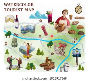 
Watercolor Tourist Map For Hotel In The Mountains