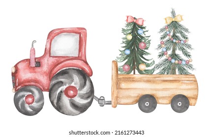 Watercolor Tractor With Christmas Fir Trees, Vintage Christmas Tree Toys Illustration,  Winter Floral Illustration And Transport, Holidays Decor Clipart