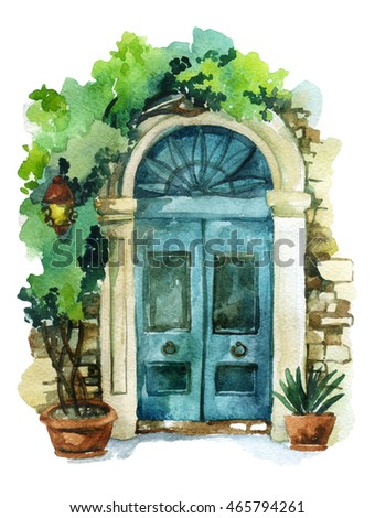 Watercolor traditional old-fashioned door with potted flowers, brick stones and lantern. Rustic doorway with pillars isolated on white background. Hand painted illustration in vintage style