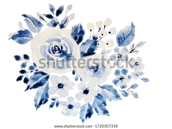 Watercolor Transparent Blue Flowers On White Stock Illustration 1720307338