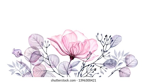 Watercolor Transparent floral bouquet arrangement of roses, bellflower, buds, leaves, branches in pastel pink, grey, blue, violet, purple vintage ornament, border, corner, wedding design, frame  
