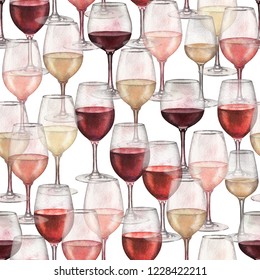 Watercolor transparent glasses of red, rose and white wines. Hand painted seamless pattern