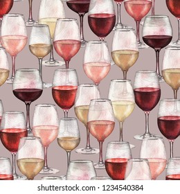 Watercolor transparent glasses of red, rose and white wines. Hand painted seamless pattern