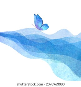 Watercolor Transparent Wave Blue Colored Background. Watercolour Hand Painted Waves Illustration With Butterfly. Banner Frame Isolated On White. Grunge Cover. Space For Logo, Text.