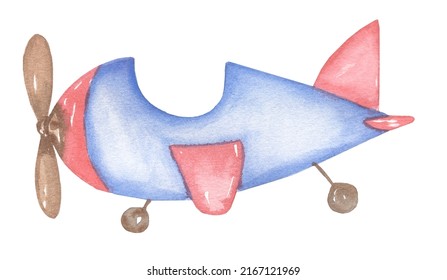 Watercolor Transport Illustration, Cute  Plane Print Clip Art,   Hand Drawn Kids Party Clipart. Blue And Red Airplane, Nursery Transportation. Artwork For Textiles, Fabrics, Souvenirs, Baby Shower