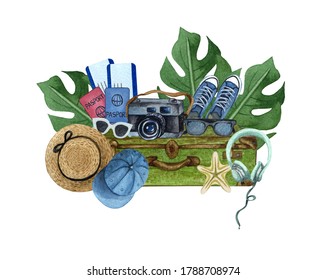 Watercolor Travel Illustration. Suitcase With Clothes, Glasses, Hat, Photo Camera, Pasport, Trainers. Summer Holidays. Hand Drawing Vacation Composition Isolated On White Background.