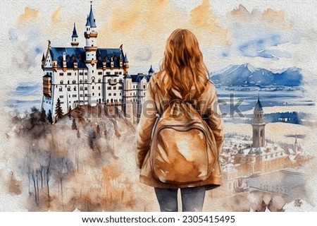 Watercolor travel Neuschwanstein castle with girl. Bavarian architectural fairytale.