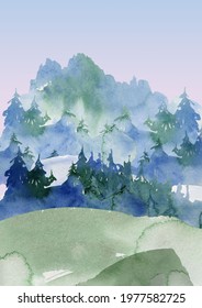 watercolor travel theme background, mountain image. camping, foggy forest, hand drawn nature, landscape clipart, printable art