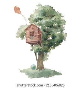 Watercolor Tree House Illustration. Summer Kids Artwork Isolated On White Background.