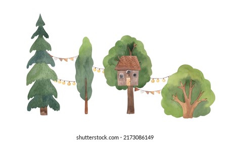 Watercolor Treehouse Illustration For Kids