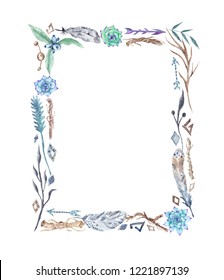 Watercolor Tribal Boho Frame With Feathers And Flowers
Hand Painted Aztec Tribal Natural Card With Border Made Of Brown Twigs And Wild Plants