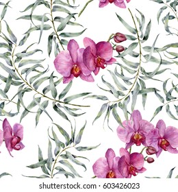 Watercolor tropic pattern with eucalyptus and orchids. Hand painted exotic ornament with branches with leaves isolated on white background. Natural print for design, fabric