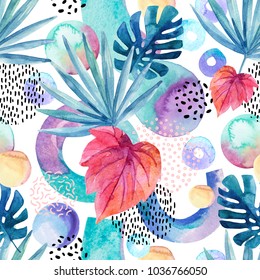 Watercolor tropical background. Floral tropical leaves and geometric shapes seamless pattern - circles, arcs, rings, minimal grunge elements, doodle. Hand painted art illustration for abstract design